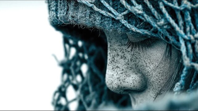 A close-up, melancholic portrait depicts an eye and knitwear in shades of blue and gray