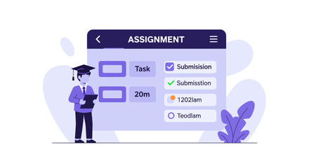 Student reviewing assignment on digital tablet with graduation cap.