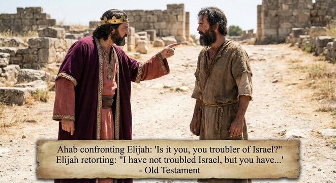 Elijah the Prophet meets King Ahab during a confrontation in the Old Testament narrative about Israel's troubles
