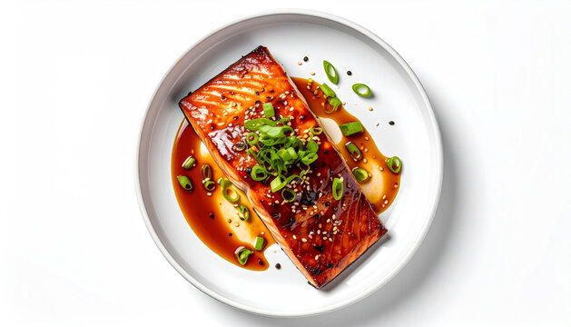 Teriyaki salmon on white background