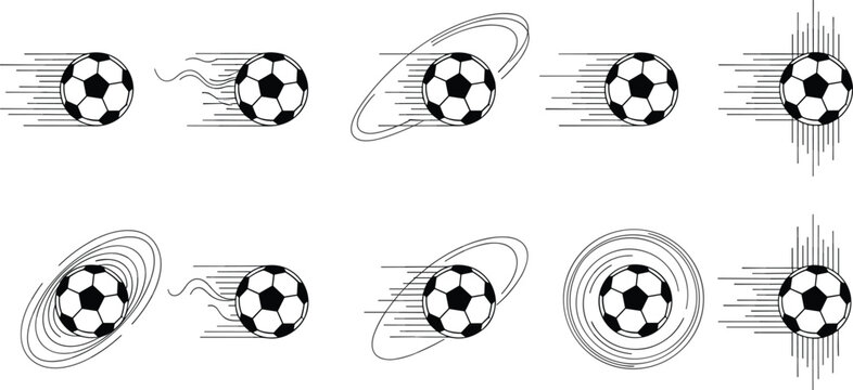 Black soccer ball motion icons showing speed movement spin trajectory dynamic football action symbols set illustration design collection.