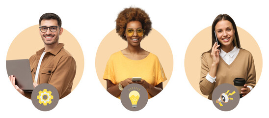 Business team roles concept showing three professionals representing technical creative and...