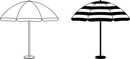 Beach umbrella icons showing outdoor sun parasol in black and white silhouette summer protection design set illustration collection. © Vactor Itbd