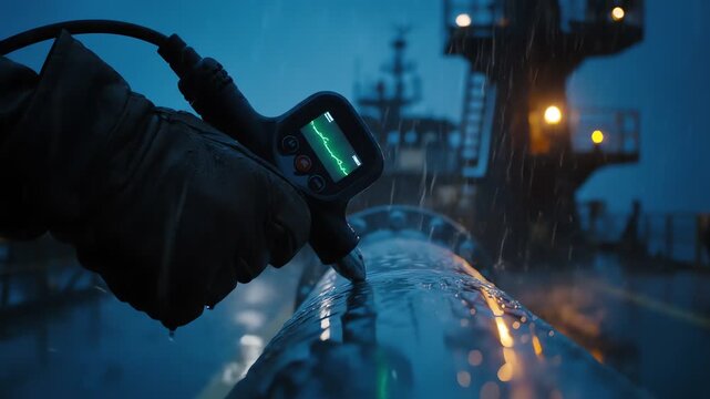 A dramatic close-up focuses on a worker's gloved hand performing ultrasonic testing (ut) with a handheld probe on a wet metal pipeline in a moody blue industrial setting.