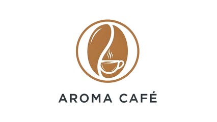 A minimalist logo design featuring a brown coffee bean silhouette with a steaming coffee cup integrated into the negative space and the text Aroma Cafe underneath