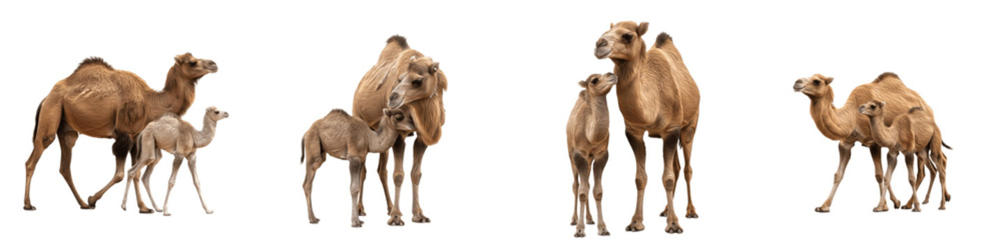Set of Camels with Calves in Walking and Resting Poses, Desert Mammal Mother and Baby Pair, Wildlife and Nature Illustration, isolated on white transparent PNG background