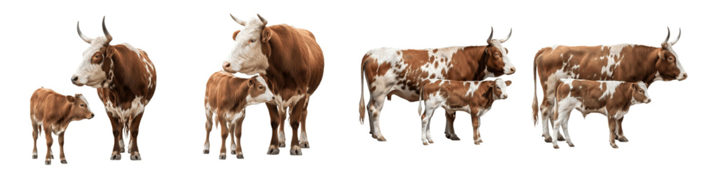 Set of Cows with Calves in Grazing and Walking Poses, Farm Animal Mother and Baby Pair, Livestock and Rural Nature Illustration, isolated on white transparent PNG background