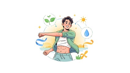 A bright illustration of a fit young man exercising outdoors surrounded by symbols of nature water and health