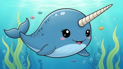 Adorable blue narwhal character with a long tusk swimming in a vibrant coral reef ocean environment