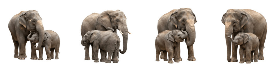 Obraz premium Set of Elephants with Calves in Walking and Playing Poses, African and Asian Elephant Mother and Baby Pair, Wildlife Safari and Nature Illustration, isolated on white transparent PNG background