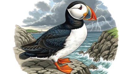Detailed artistic drawing of a puffin standing on rocks against a stormy sea background
