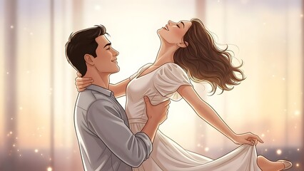 Artistic illustration of a man lifting a woman in a white dress against a soft glowing background