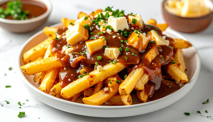 Canadian poutine on white background