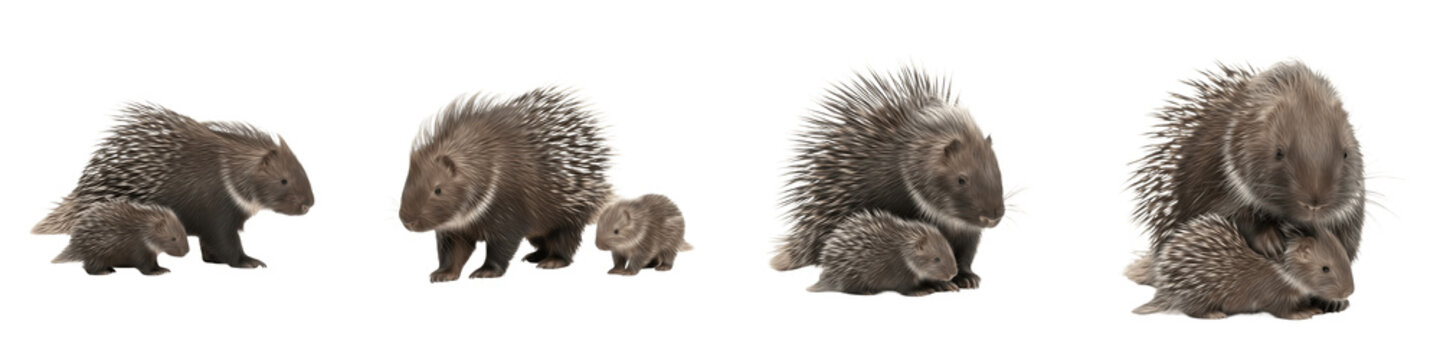Set/Collection of Porcupine with Baby, Adult and Baby Porcupines in Natural Pose, Cute Spiny Wildlife Mammals, Forest Animal, Isolated on White Transparent PNG Background