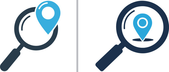 A dual-panel vector graphic featuring magnifying glasses paired with blue location map pins. One icon shows the pin outside the glass, while the other centers the pin within the lens.