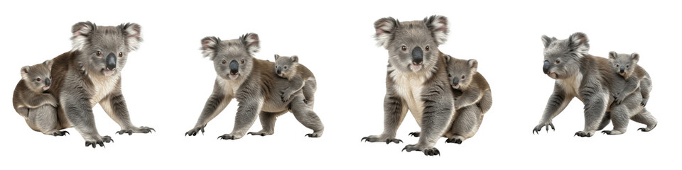 Set/Collection of Koala with Joey, Adult and Baby Koalas Hugging and Climbing, Cute Australian Wildlife, Natural Pose, Isolated on White Transparent PNG Background © modiraterr