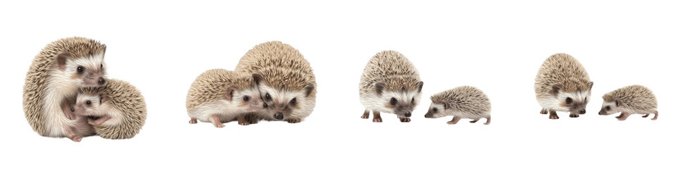 Set/Collection of Hedgehog with Baby Hoglet, Adult and Baby Hedgehogs in Natural Pose, Cute Wildlife Mammals, Forest Animal, Isolated on White Transparent PNG Background © modiraterr