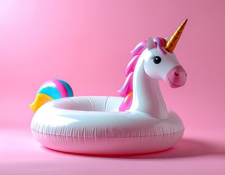 Inflatable unicorn floaty on a pink backdrop, ready for fun