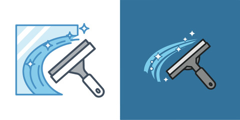 A dual-style vector icon showing a squeegee cleaning a glass surface with a sparkling blue streak. Features a light version on white and a simplified version on a dark blue background.