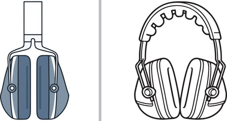 A collection of professional safety earmuff illustrations, featuring front and side vector views in a clean, grayscale line-art style designed for industrial hearing protection concepts.