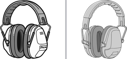 Two grayscale vector illustrations of professional earmuffs, showing a detailed line-art version and a shaded 3D perspective for hearing protection and industrial safety.