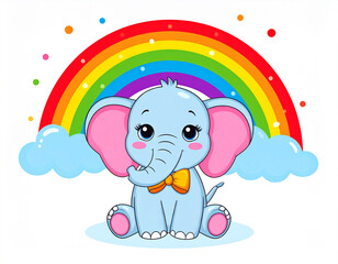 Cute baby blue elephant with colorful rainbow and clouds in background. Isolated on a white background 