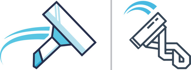A modern vector illustration featuring a blue and white window squeegee and a security camera, both styled with dynamic motion lines to represent cleaning and surveillance services.