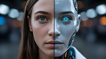 Female cyborg face with artificial intelligence and robotics theme