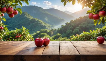 Fresh red apples on an empty wooden table in an apple orchard background.