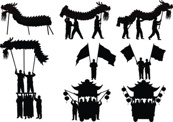 Chinese dragon dance festival silhouettes with performers flags lantern parade celebration traditional culture New Year vector illustration set © Sammi's World