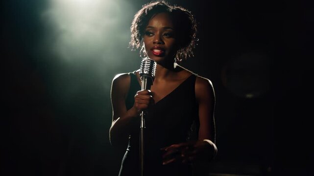 A black female soul singer performing on a dark stage with a retro microphone. An African American vocalist singing a song in a jazz club under a spotlight