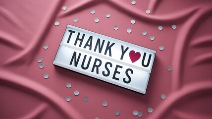 Thank You Nurses lightbox sign with red heart on pink fabric, medical appreciation message, healthcare support, gratitude recognition, celebrate nurses