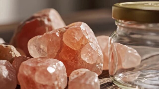 Pink mineral salt chunks resting near empty glass jar with golden lid on wooden surface