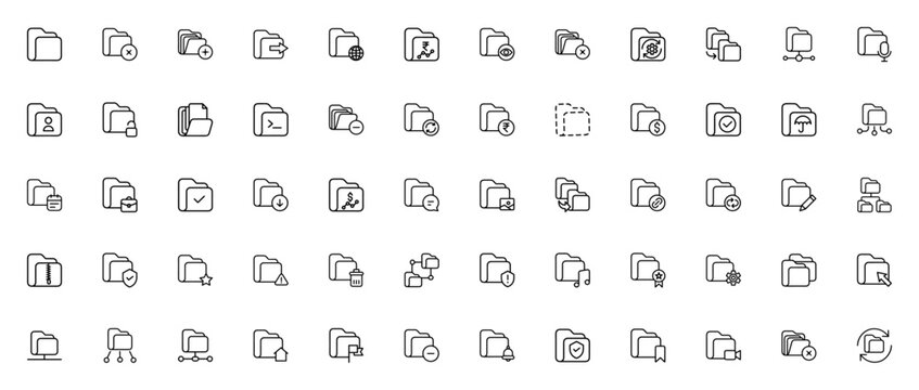 Folder icon set. Vector folder collection. Includes audio, download, hierarchy folders. Minimalist UI icons for file management, organization and storage.