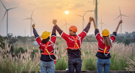 engineer technician team raise joy hand for success happiness at wind power plant machine ....