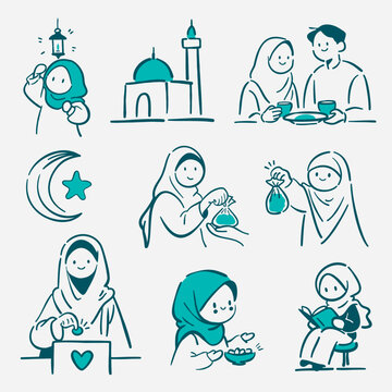 Ramadan hand drawn doodle illustration set with mosque, crescent moon, hijab people, meal and charity icons