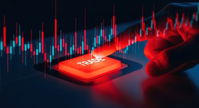 Finger pressing red trade button overlaid with glowing stock market charts - Powered by Adobe