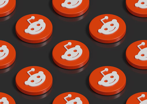 Buenos Aires, Argentina; January 21st, 2026: Isometric seamless pattern of Reddit logo icon. 3d illustration.