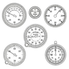 Vintage gauges and compass, retro instrument panel illustration