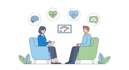 Professional therapist guides client toward low stress levels during supportive mental health counseling session
