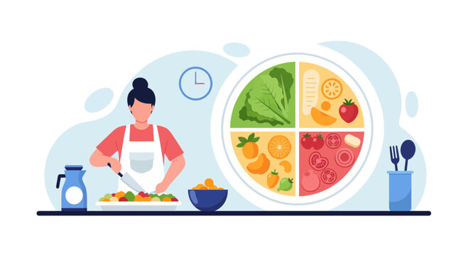 Dedicated home cook prepares fresh healthy meal following balanced nutrition plate guidelines for wellness