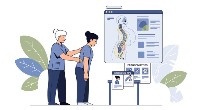 Caring professional guides patient on proper posture correction using spine anatomy display and ergonomic tips