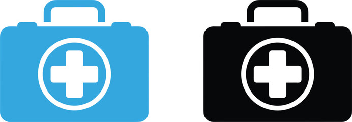 Obraz premium Two medical first aid kit icons featuring blue and black briefcase symbols with cross signs for emergency healthcare representation.
