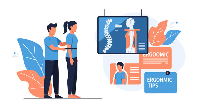 Professional physical therapist measures patient waist while illustrating spinal alignment and ergonomic tips on a digital display