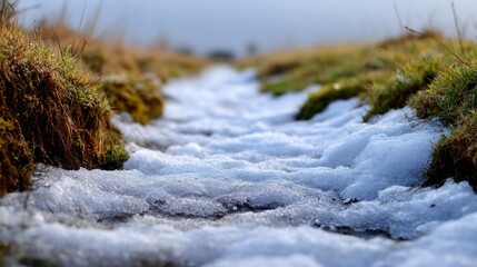 Obraz premium Snow Melting in Spring Reveals Fresh Grass in Natural Landscape Pathway