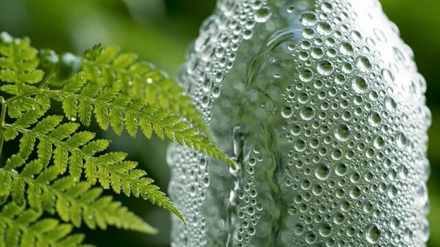 Water droplets condense and run down side of plastic bottle next to lush green fern leaf in a natural outdoor setting