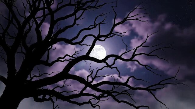 A spooky silhouette of a bare, gnarled tree against a full moon and dark, cloudy night sky with hints of purple.