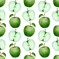 Watercolor Apple Design, Elegant Watercolor Pattern Showcasing Whole And Sliced Apples With Foliage