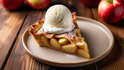 Delicious Slice Of Apple Pie Served With A Scoop Of Creamy Vanilla Ice Cream On A Rustic Wooden Table