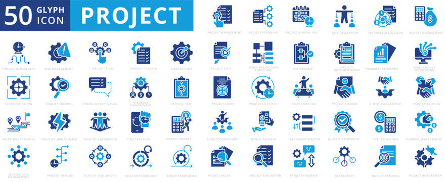Project icon set flat containing management, planning, schedule, task delegation, resource allocation, budget, timeline, scope definition, milestone, stakeholder, risk, team, charter, goal setting